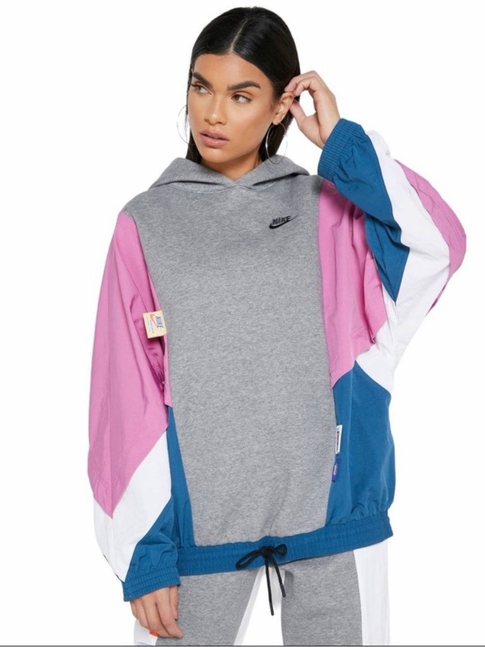 Women’s Nike Icon Clash Pullover Hoodie Sweatshirt Pink Grey Teal Sz L TALL